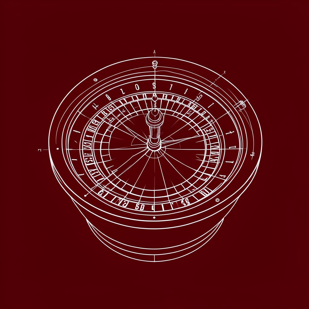 Wide roulette wheel with red and black pockets glowing under warm gold light, dark maroon backdrop, moody and elegant atmosphere